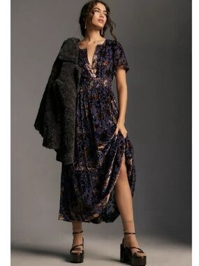 Anthropologie The Somerset Maxi Dress Velvet Devore Edition Size XXS Bohemian